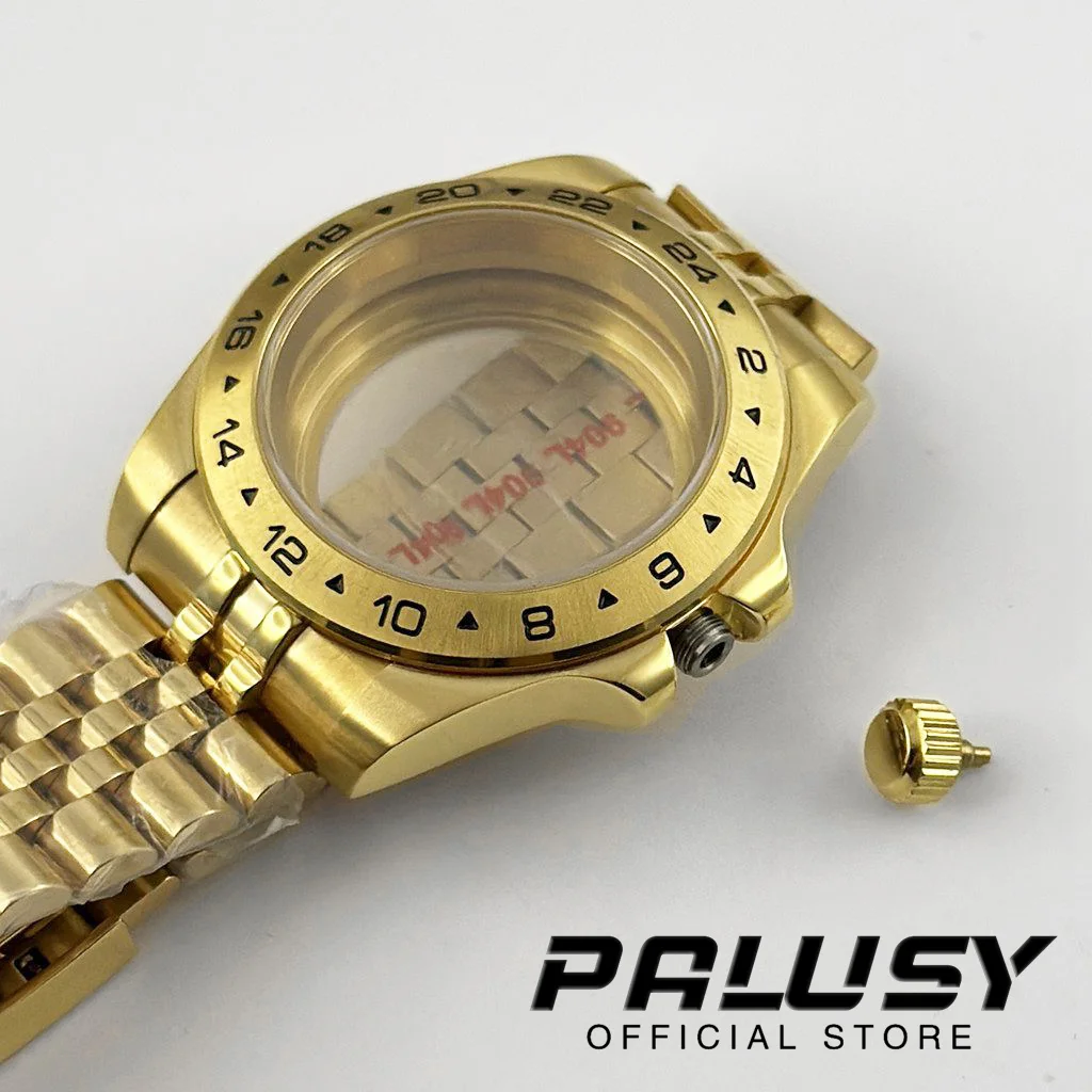 Ouro 40mm exp 24 horas gmt preto moldura fixa caixa de relógio sólido glide lock fecho vidro safira para nh34 nh35 nh36 eta2824 movimento