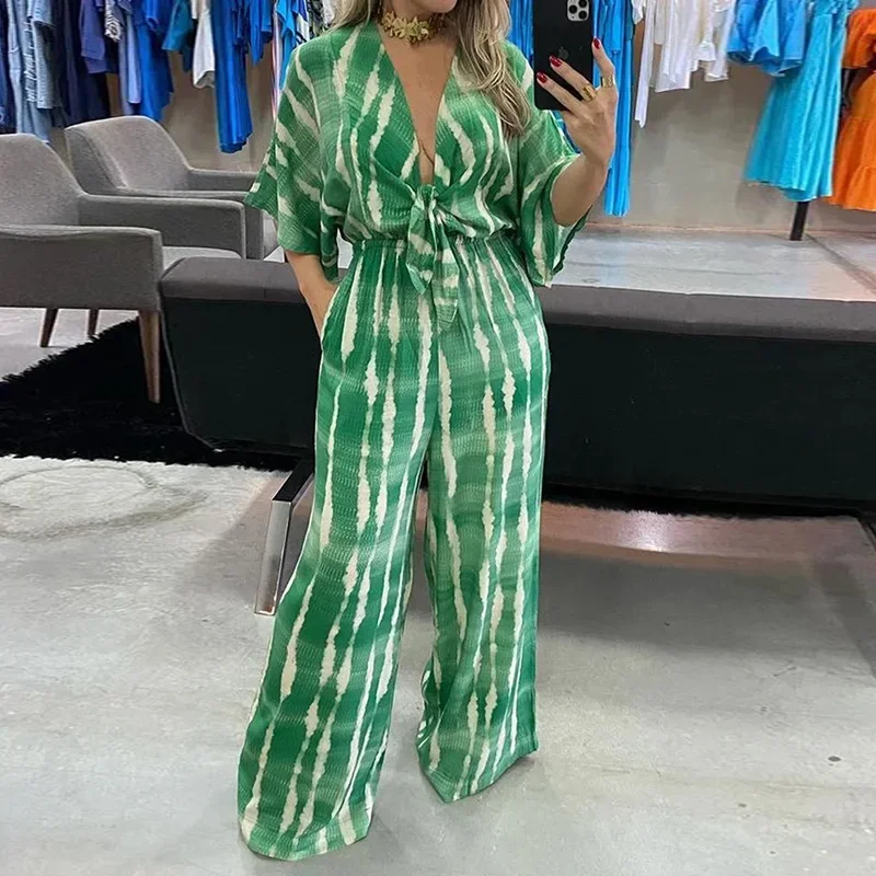 Elegant Women\'s Jumpsuits 2024 Summer Fashion Print Simple Casual V-neck Lace Up Female Wide Leg Jumpsuit mono completo mujer