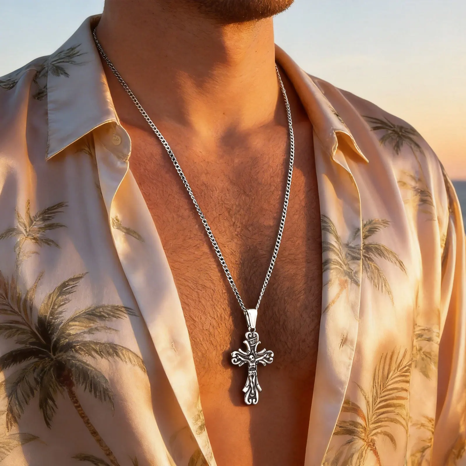 Vnox Collane con ciondolo a croce cattolica di Gesù per uomini e ragazzi, catena a maglie in acciaio inossidabile con crocifisso grigio retrò, regalo di gioielli cristiani