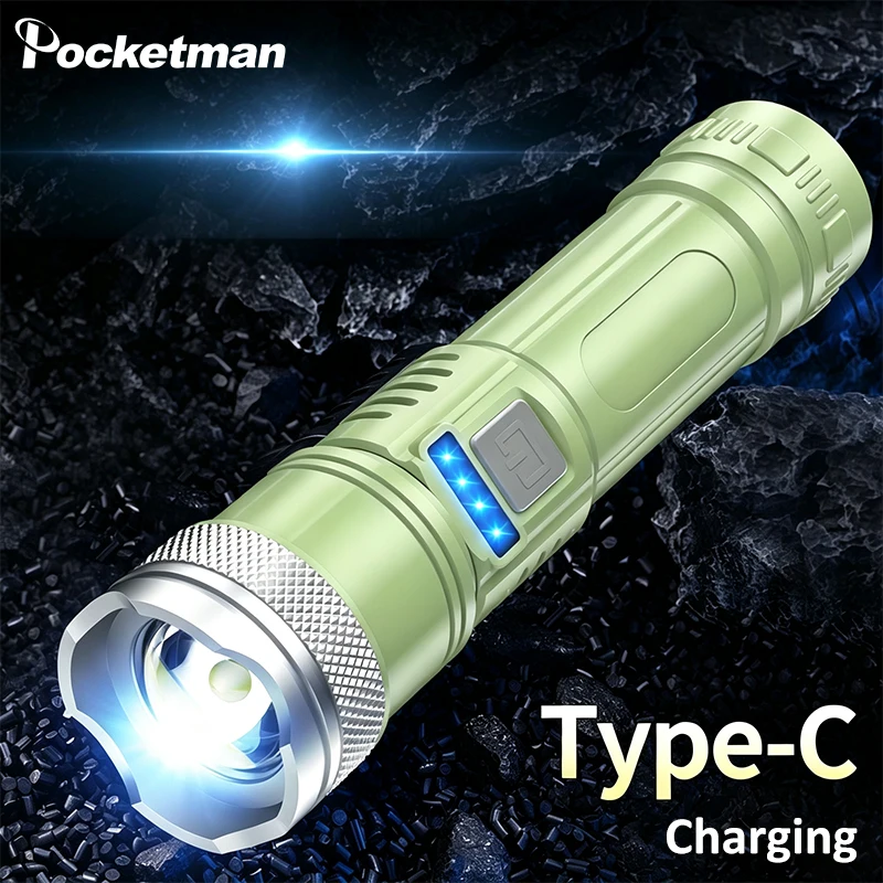 High Lumens Rechargeable LED Flashlight Zoomable Tactical Flash Light with Type-C Charging Handheld Torch for Camping Emergency