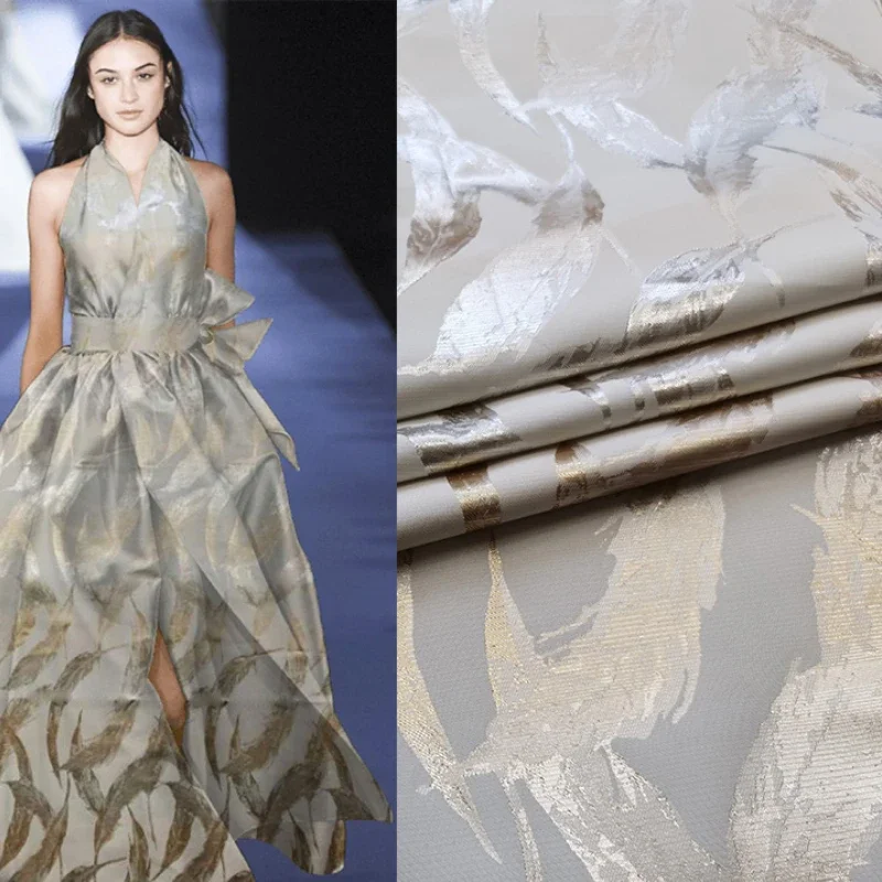 Gold Silk Feather Jacquard Dress Fabric Haute Couture Dress Catwalk Brocade Yarn-dyed Performance Clothing Cloth Per Meter