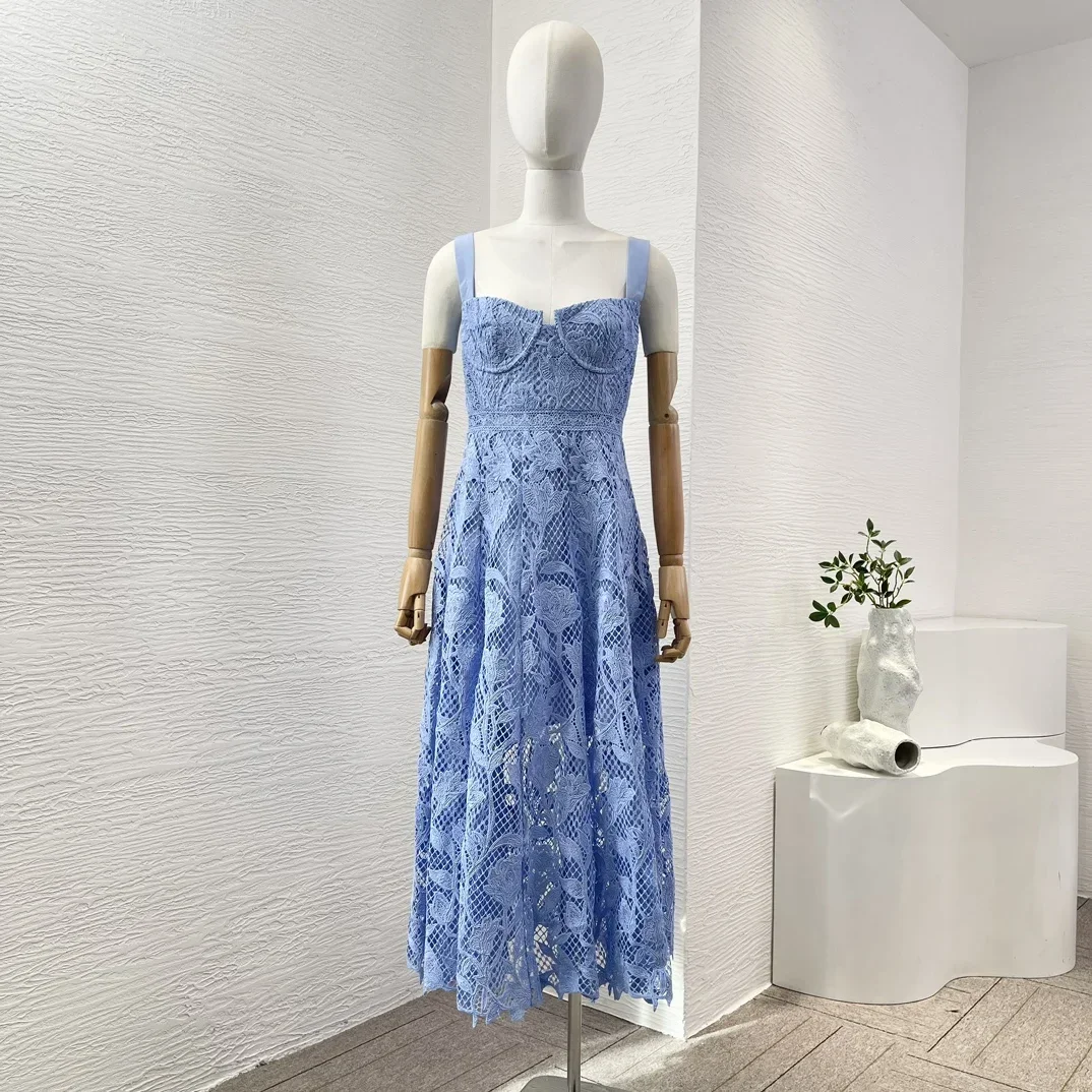 

Hook Floral Hollow Blue Lace Patchwork Sleeveless Backless Midi Dress Chic and Elegant 2024 New Holiday Style Clothing