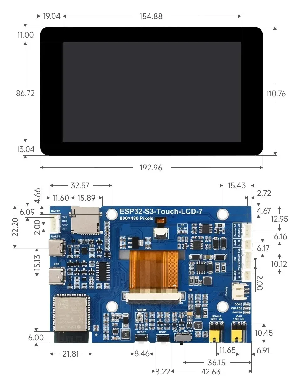 لوحة تطوير شاشة تعمل باللمس بالسعة 7 بوصة مع وحدة ESP32-S3، دقة 800 × 480، دعم WiFi/Bluetooth #3