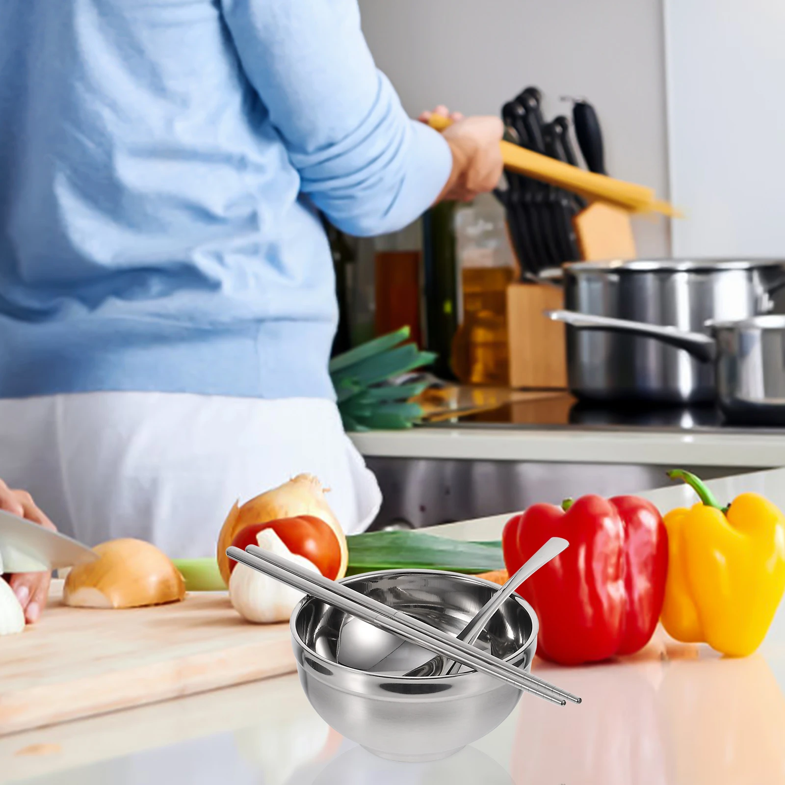 

1Set Stainless Steel Bowl Set Portable Chopsticks Spoons Storage Bag Non-Slip Food Grade Tableware for Travel Outdoor