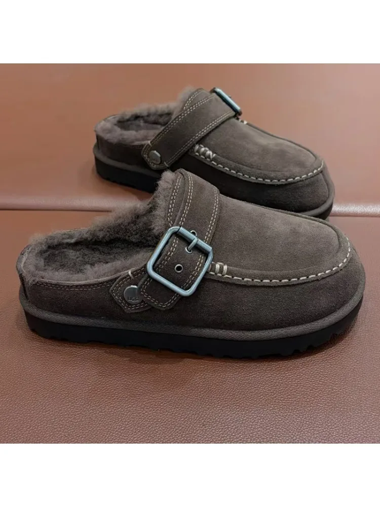 Neue Damen-Schlappen aus Rindsleder und Wolle, Schneestiefel mit Zehenkappe, erhöhte Sohle, warm, stoßdämpfend, dicke Sohle, lässig, für Paare
