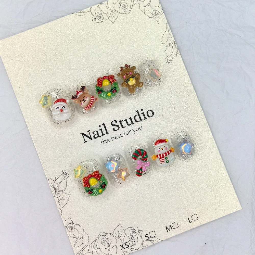 10 قطع الكرتون ستار جارلاند موس بريق اليدوية اضغط على الأظافر لطيف الشتاء ثلج عيد الميلاد الأظافر وهمية للإزالة قابلة لإعادة الاستخدام