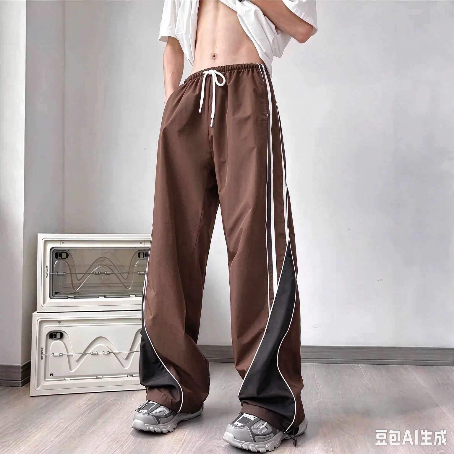 Heißer Verkauf Unisex gebogene weiße Seitenstreifen-Fallschirmhose mit weitem Bein, lockere Baggy-Hose für Herren, Hip-Hop-Streetwear, lässige Sporthose – Detail 5