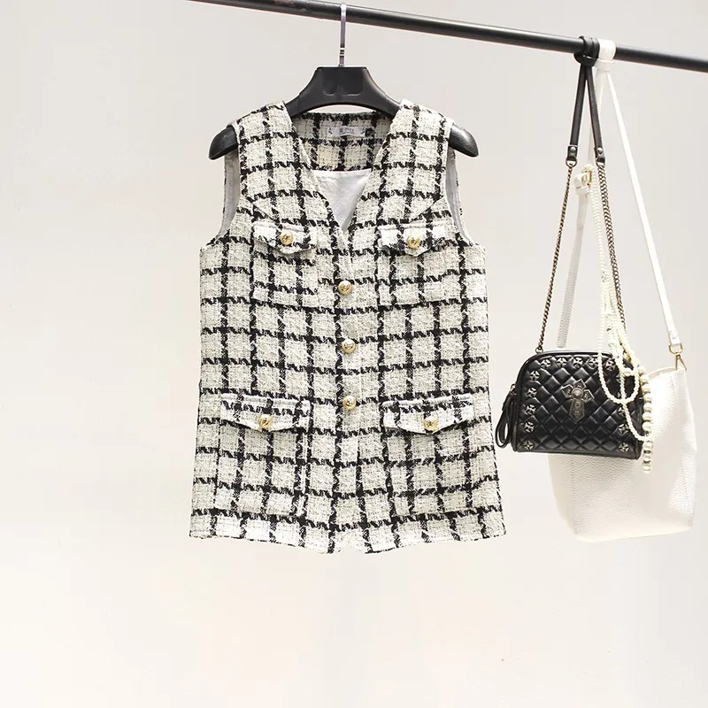 

Women's Autumn Winter Loose BF Plaid Fragrant Tweed Vest Coat Female