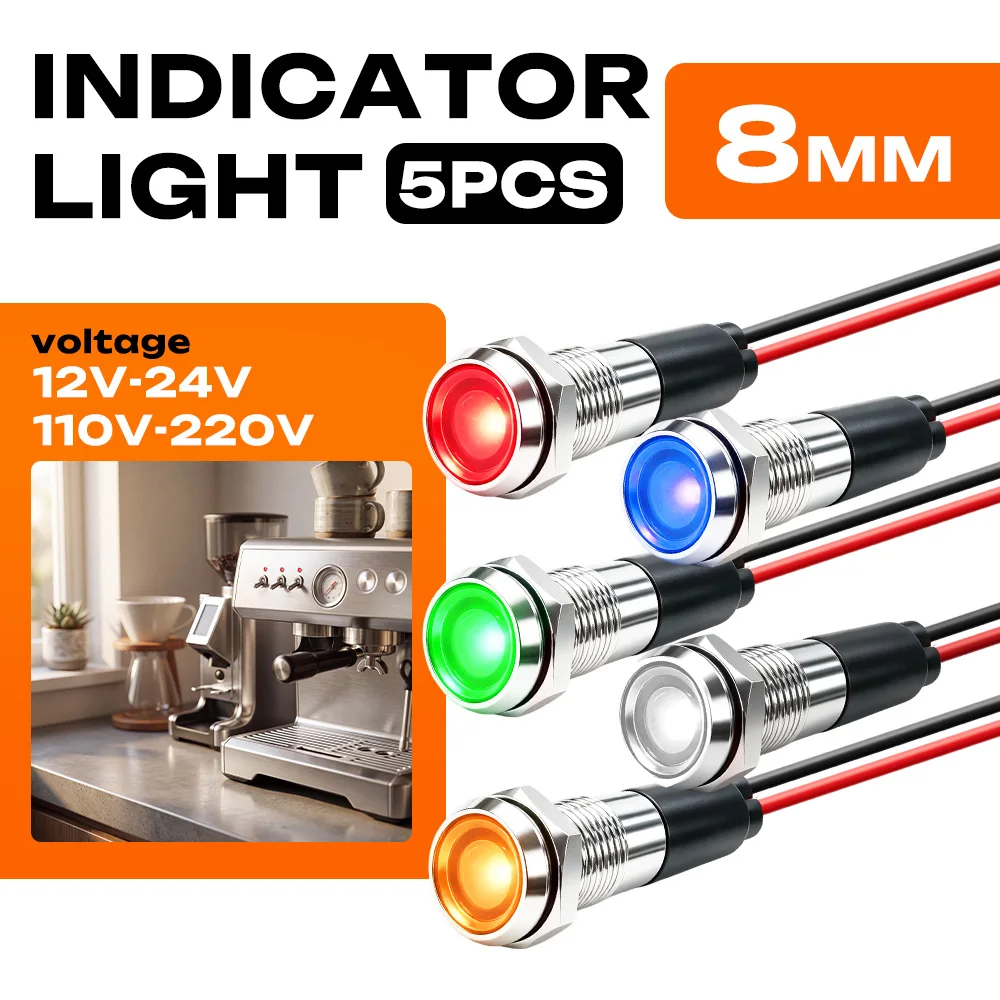 FILN 5PCS 8mm IP67 Waterproof Indicator Light LED Metal Signal Lamp 12V-24V 110V-220V Panel Mount for Car Boat Industrial Device