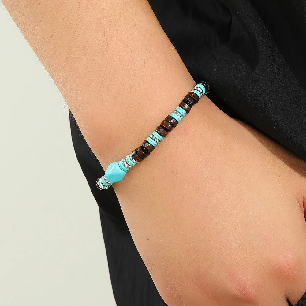 Böhmische Schwarze Gallenstein-Holzperlen-Armband, INS Grüne Imitation Naturstein Herrenarmband, Retro-Schmuck, Trendige Accessoires – Detail 6