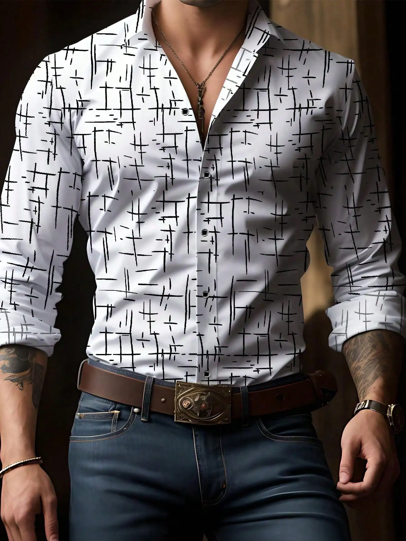 

Men's White Long Sleeve Button-Up Shirt with Abstract Line Print, Casual to Business Wear