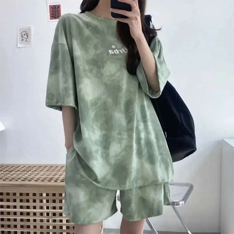 2024 Summer Women Clothing Set Short Sleeve Tshirt+Shorts 2Pcs Camouflage Tie-Dyed Loose Tees Tops Sports Casual Suit New