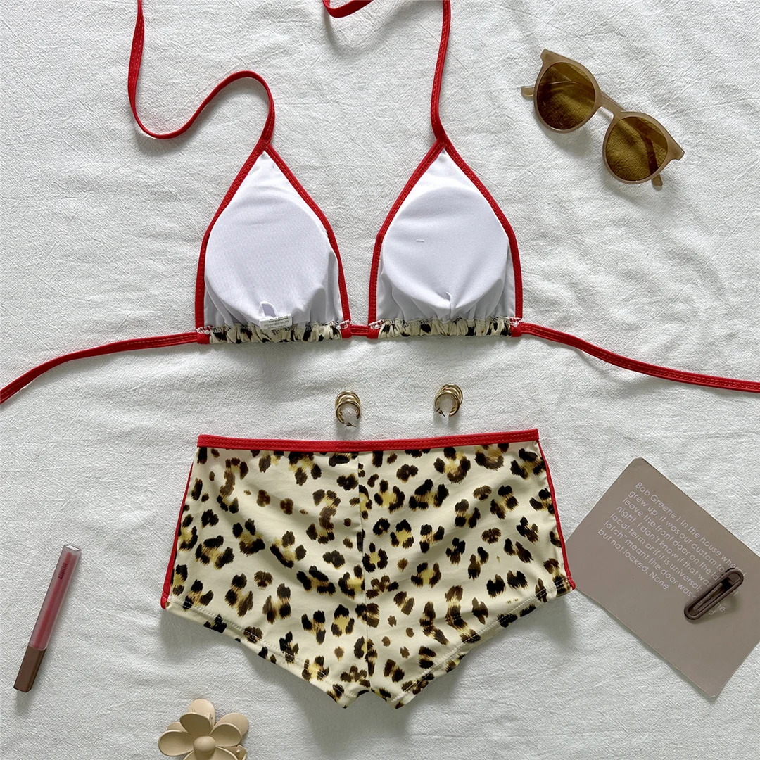Neuer, aufreizender Bikini mit Leopardenmuster und Neckholder-Ausschnitt für Damen, zweiteiliges Badeanzug-Set mit Shorts, gepolstert, Badebekleidung, Badeanzug, Modell V7842. – Detail 5