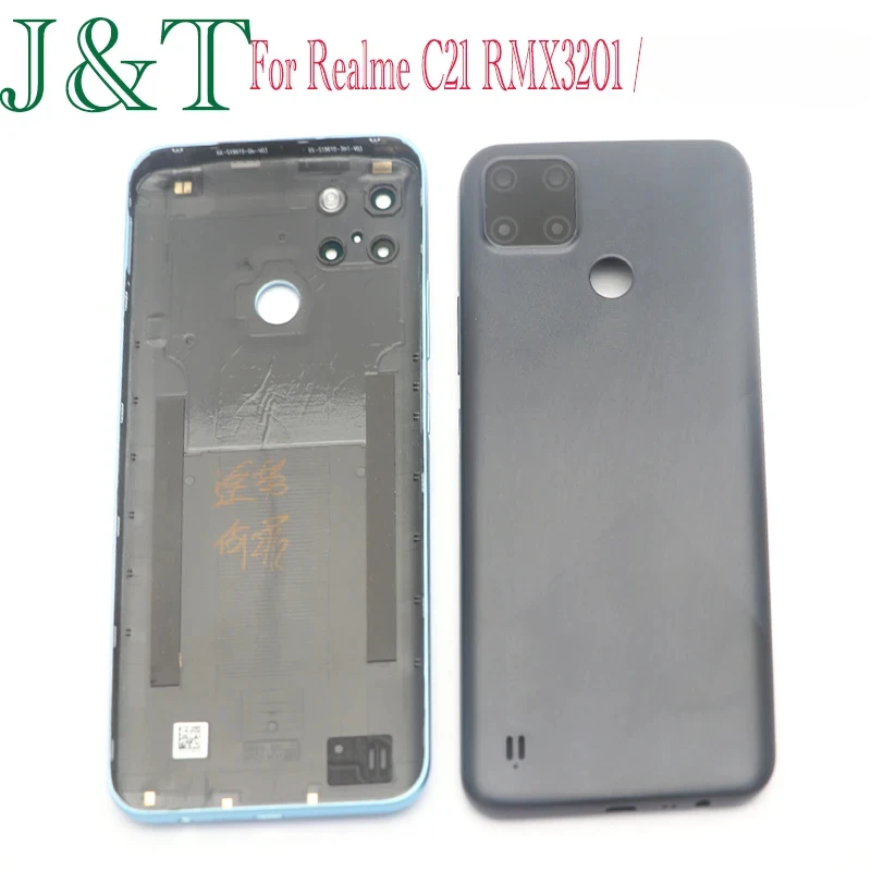 For Realme C21 RMX3201 Back Battery Cover Rear Panel Door Housing Case With Power Volume Button Replacement Parts