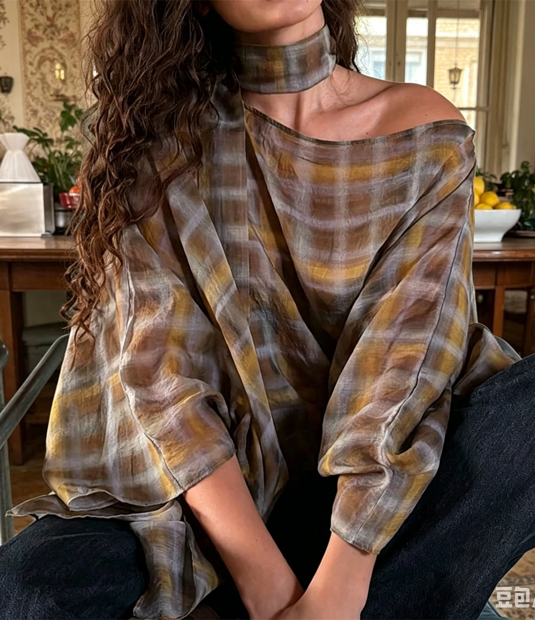 Women's Y2K Aesthetic Fairy Plaid Cape Tops Boat Neck Loose Fit Shawl Shirt with Scarf 00s Retro Chiffon Blouse Streetwear