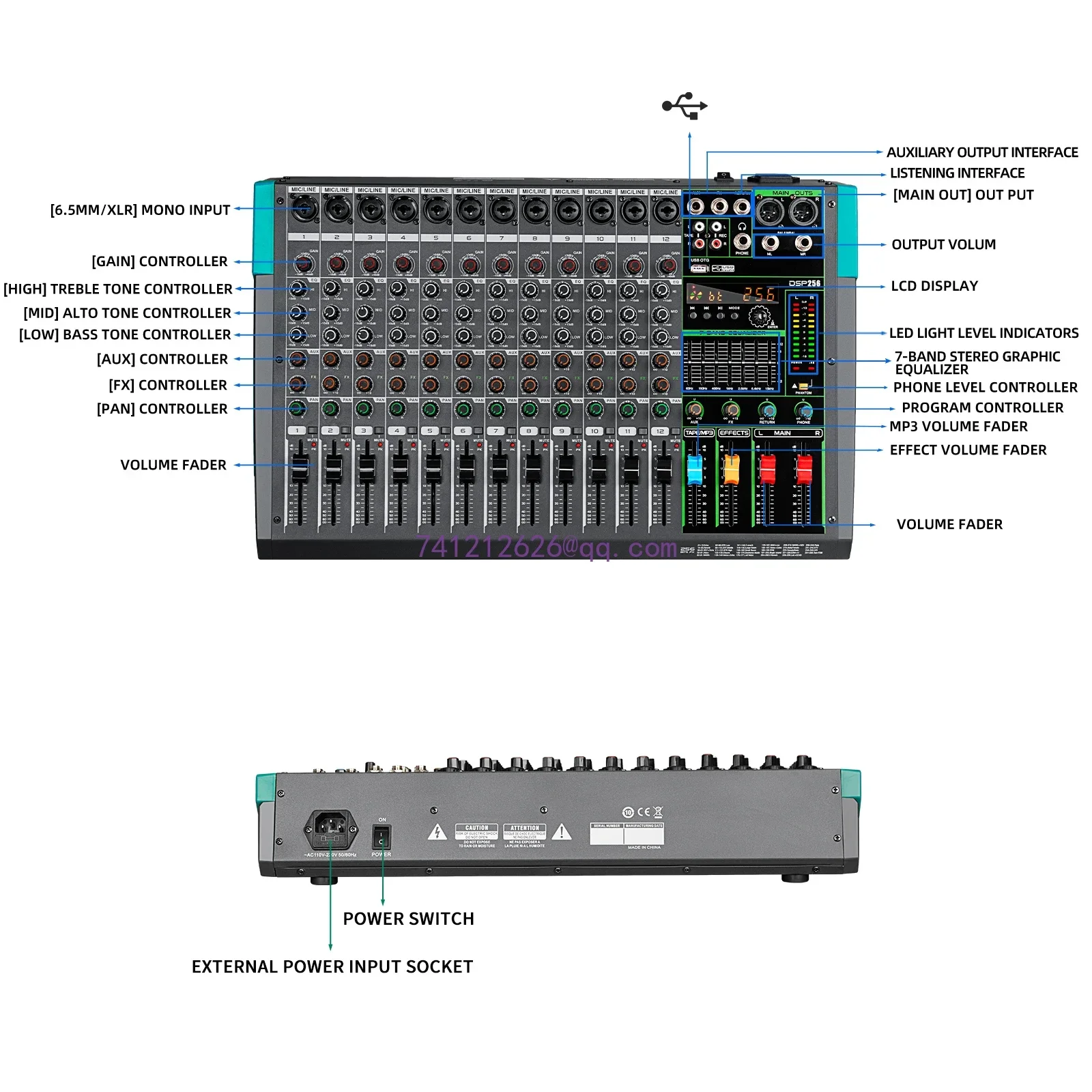 Audio Mixer Console Audio Console Mixer USB Connection 12 Channels Digital Professional