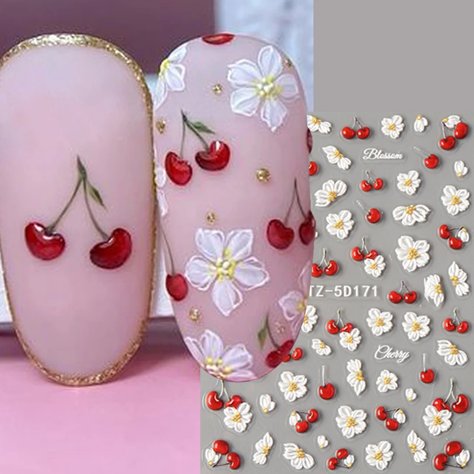 5D Geprägte Elegante Kirschfrucht-Nagelaufkleber Frühlings-Weiße Blumen Selbstklebende Nagelsticker Hochzeitssaison Nageldekoration – Detail 2