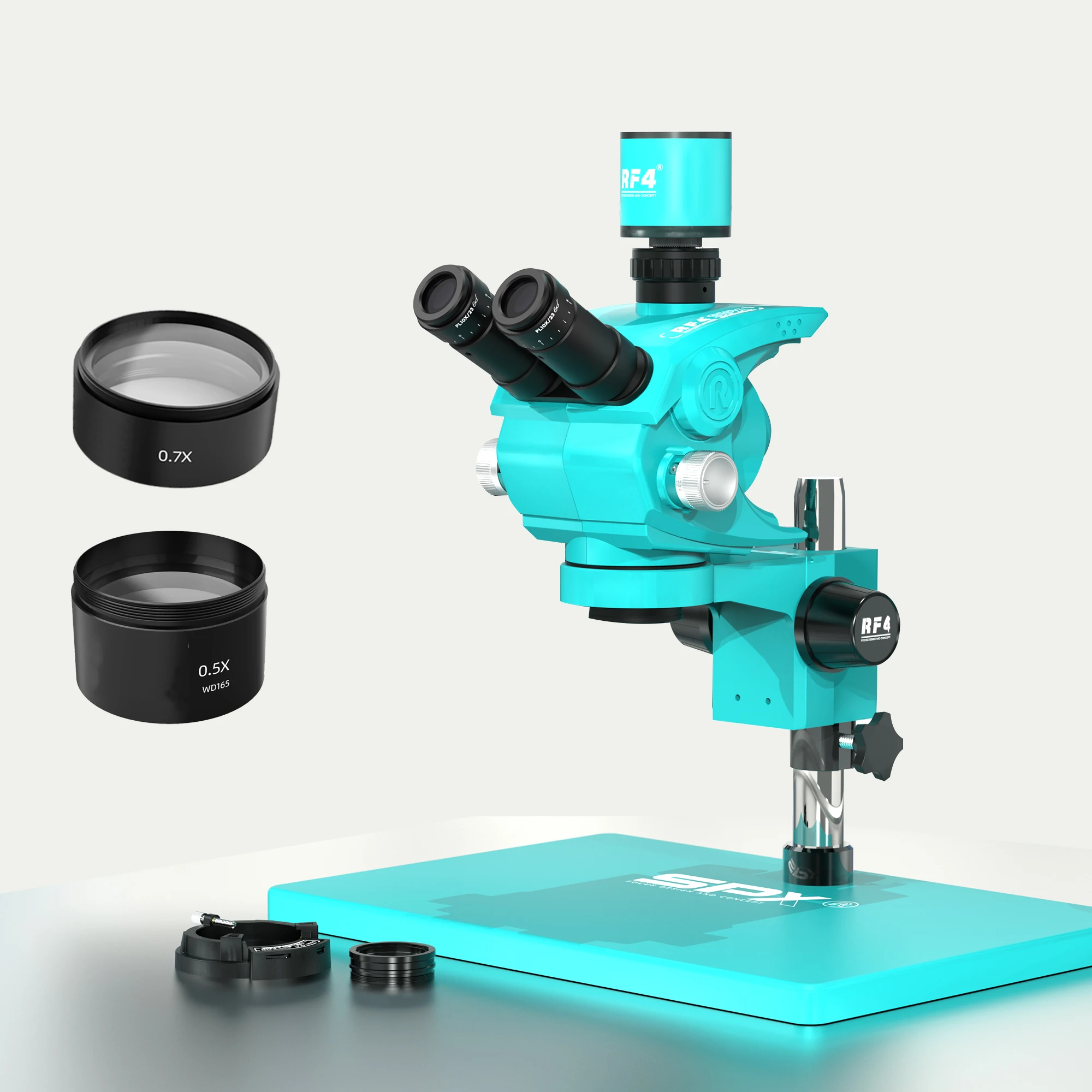 RF4 SPX High Definiti Trinocular Stereoscopic Microscope 6.2-60X Continuous Zoom PCB Inspection Micro Soldering Component Repair