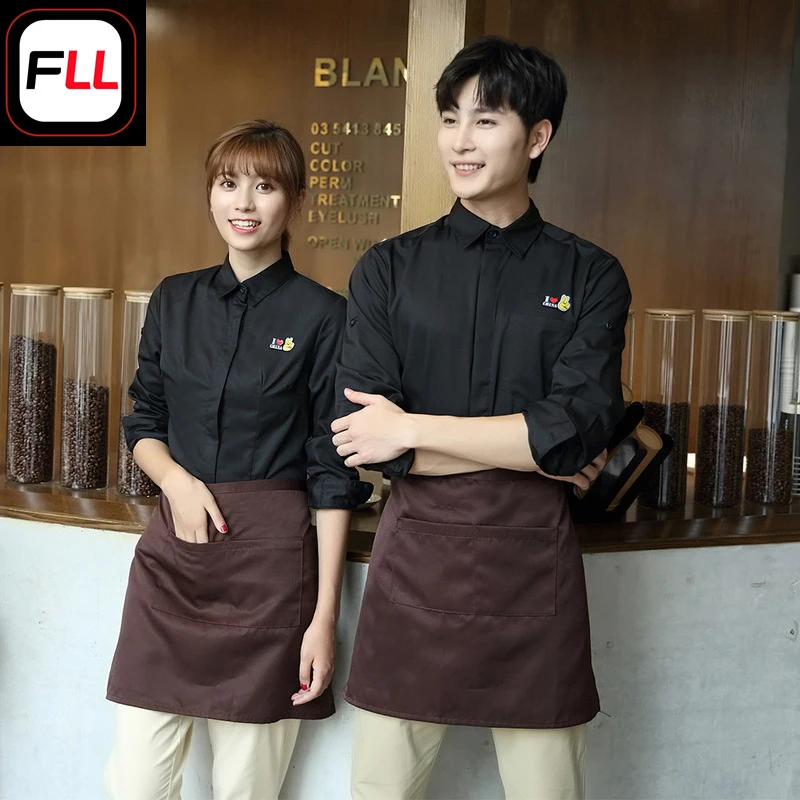 

Coffee shop waiter workwear, milk tea and cake shop staff uniforms, men's and women's shirts, spring and autumn attire