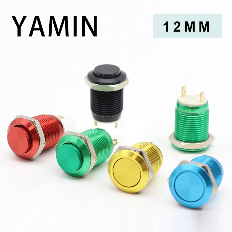 12mm Metal Push Button Switch Momentary Reset Flat/High Head Round 2Pins 1NO Oxidize Black/ Green/ Yellow/ Red/ Blue