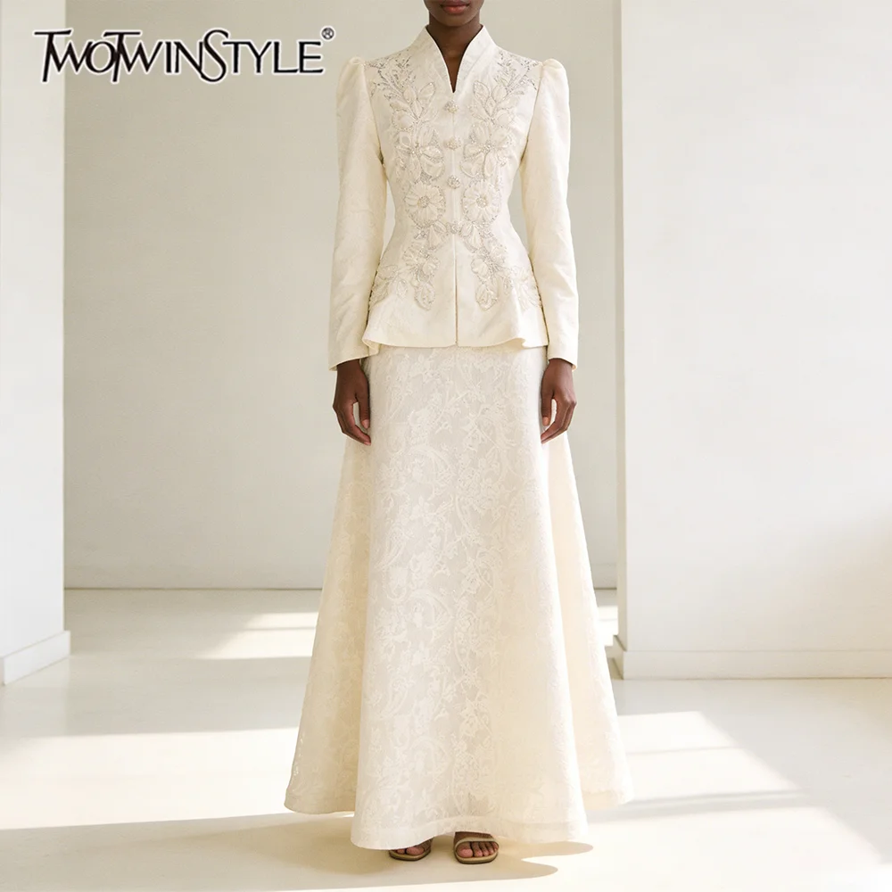 

TWOTWINSTYLE Solid Elegant Two Piece Sets for Women V Neck Long Sleeve Spliced Embroidery Jacket High Waist Skirt Set Female New