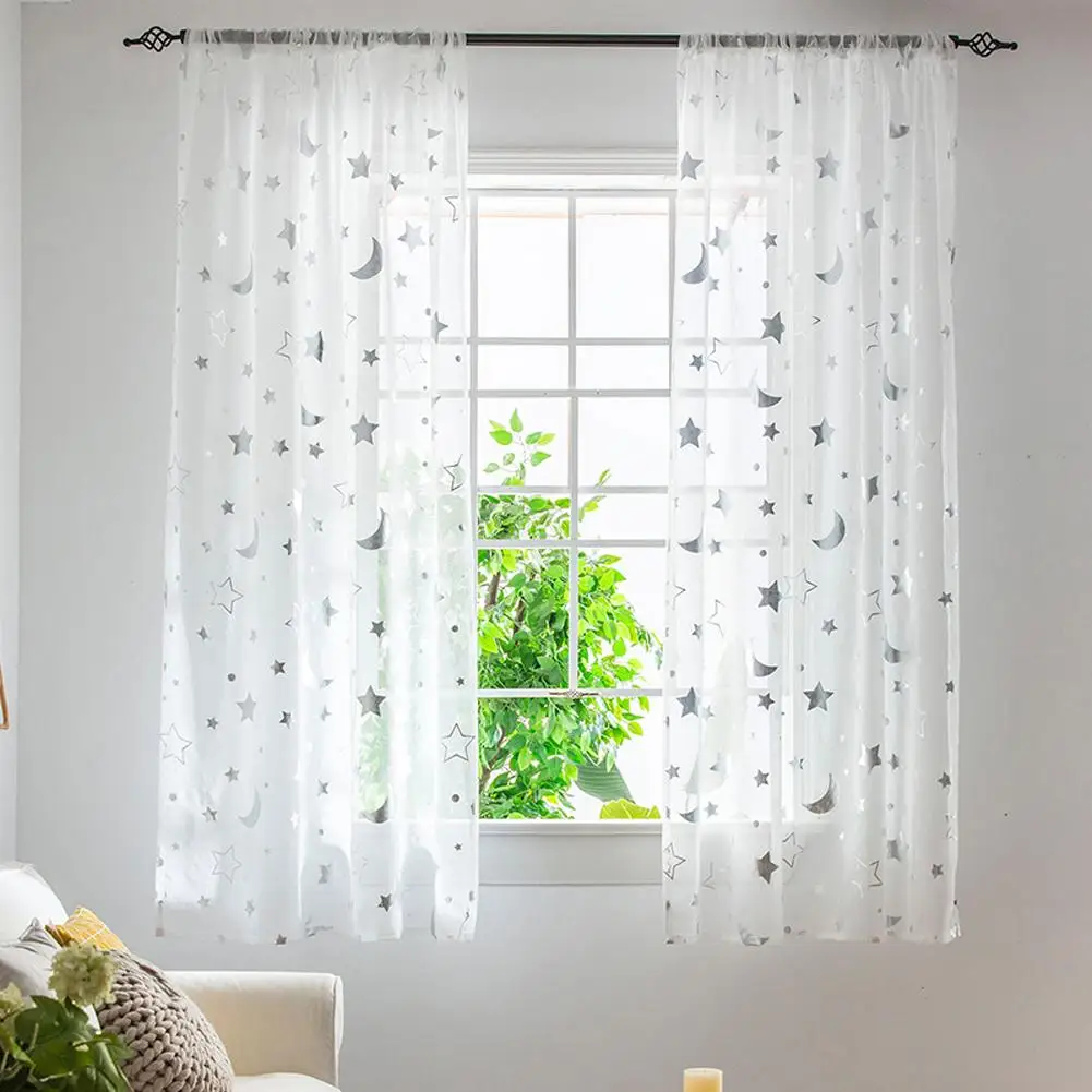 White Blackout Curtains for Living Room Bedroom Moon Star Printed Sheer Tulle for Windows Romantic Voile Drapes Kitchen