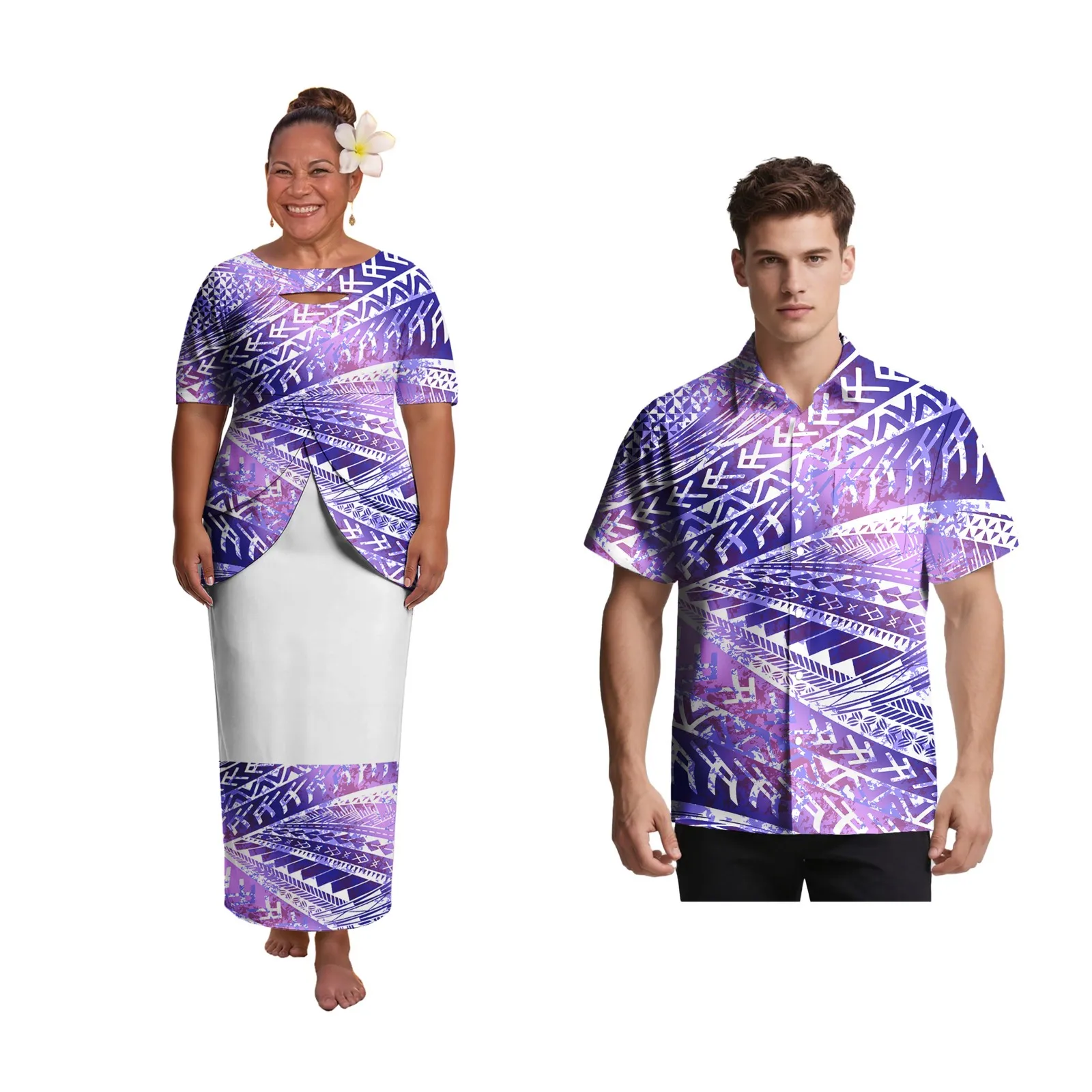 

Lover's Popular Clothing Polynesian Women Cutout Neck Puletasi Aloha Shirts for Men's Samoan Island Plumeria Print Couple of Set