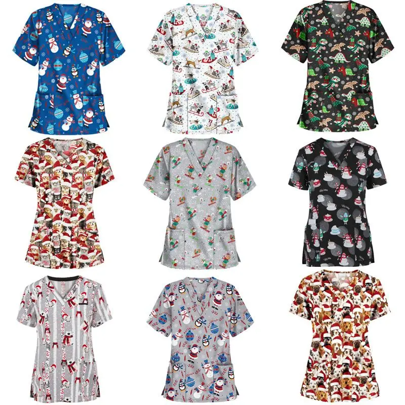 Christmas Print Short Sleeve Pocket T-Shirt Nurse Uniform Cross-Border Independent Station Ebay Hot Sale  Slim Fit Commut...