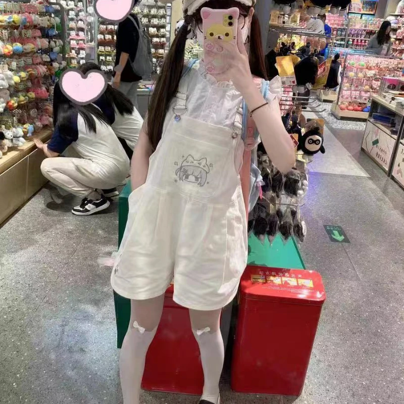 Sweet Lolita Style Overall Shorts Set Women Cute White Shirt Grunge Cartoon Print Romper Jumpsuit Harajuku Y2k Strap Shorts Suit