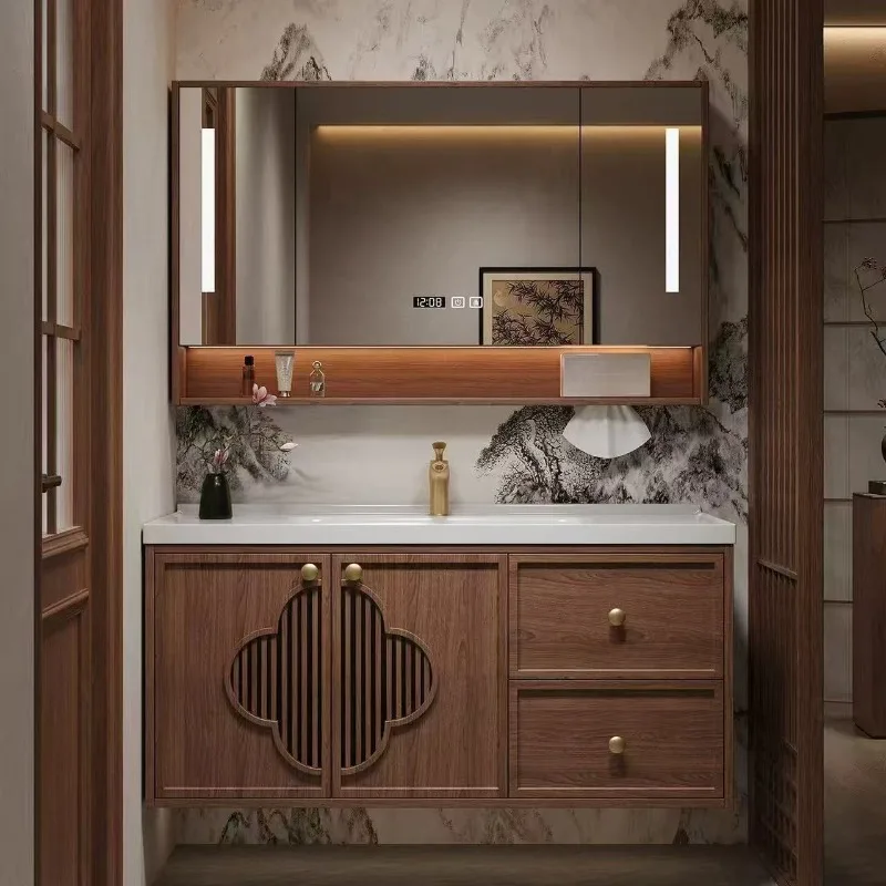Oak antique bathroom cabinet ceramic integrated basin combination sink integrated basin bathroom cabinet sink