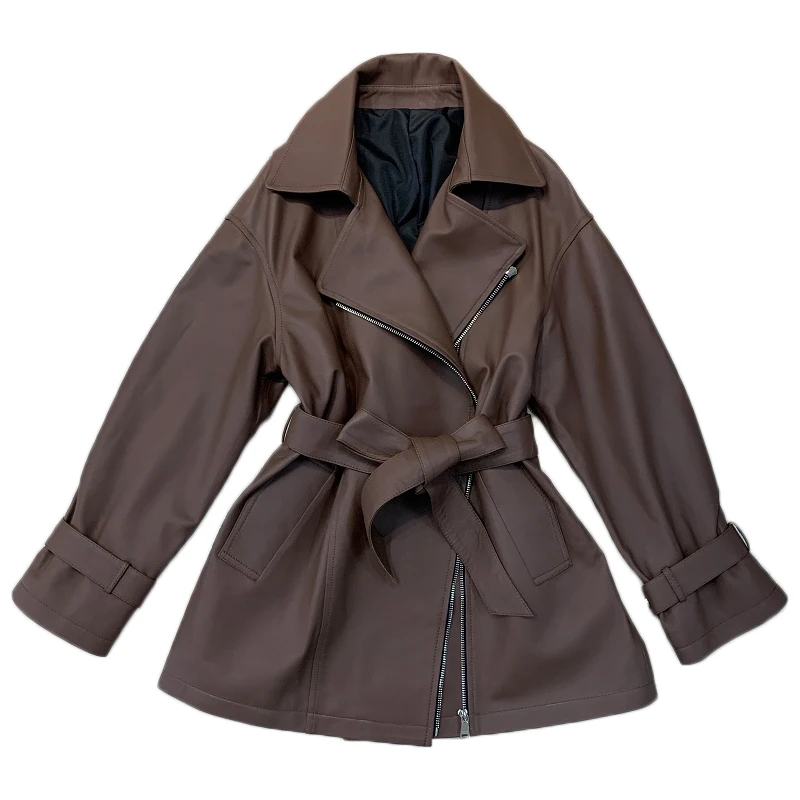 Genuine Sheepskin Leather Trench Coat for Women 2024 Spring Autumn Mid-length Real Leather Jacket Suit Collar Women's Clothing