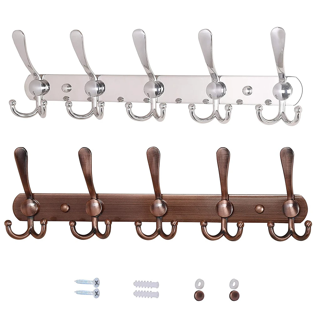 Настенная вешалка с 5 тройными крючками, прочная, из нержавеющей стали, металлический рейлинг для шляп, полотенец, халатов