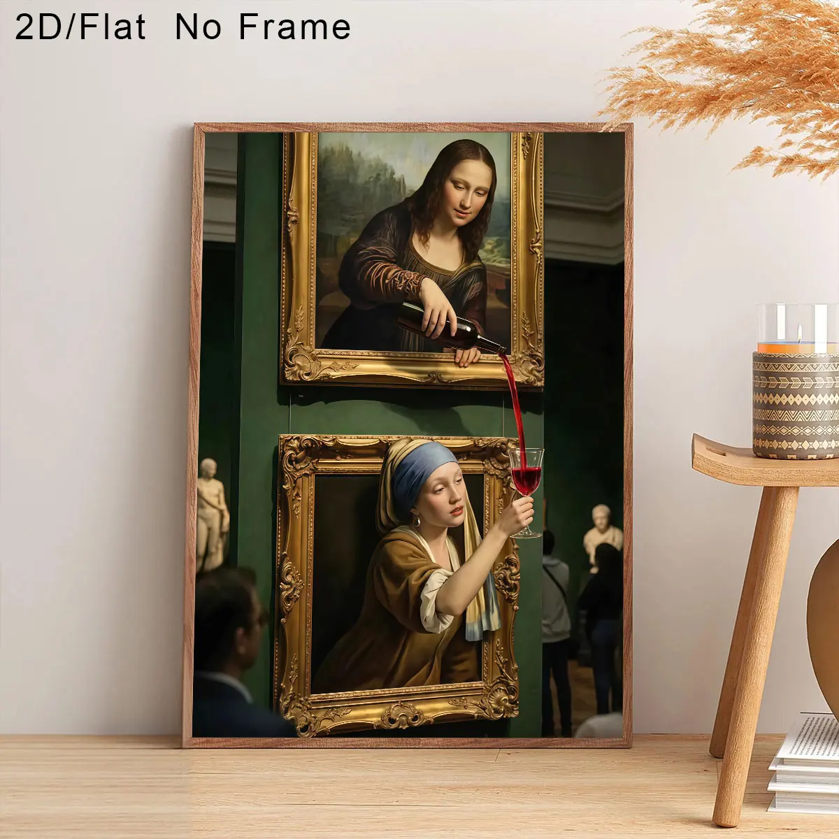 Whimsical Classic Masterpiece Canvas Prints Poster Mona Lisa and Wine Pouring Maid Funny Creative Art Prints Wall Art Home Decor