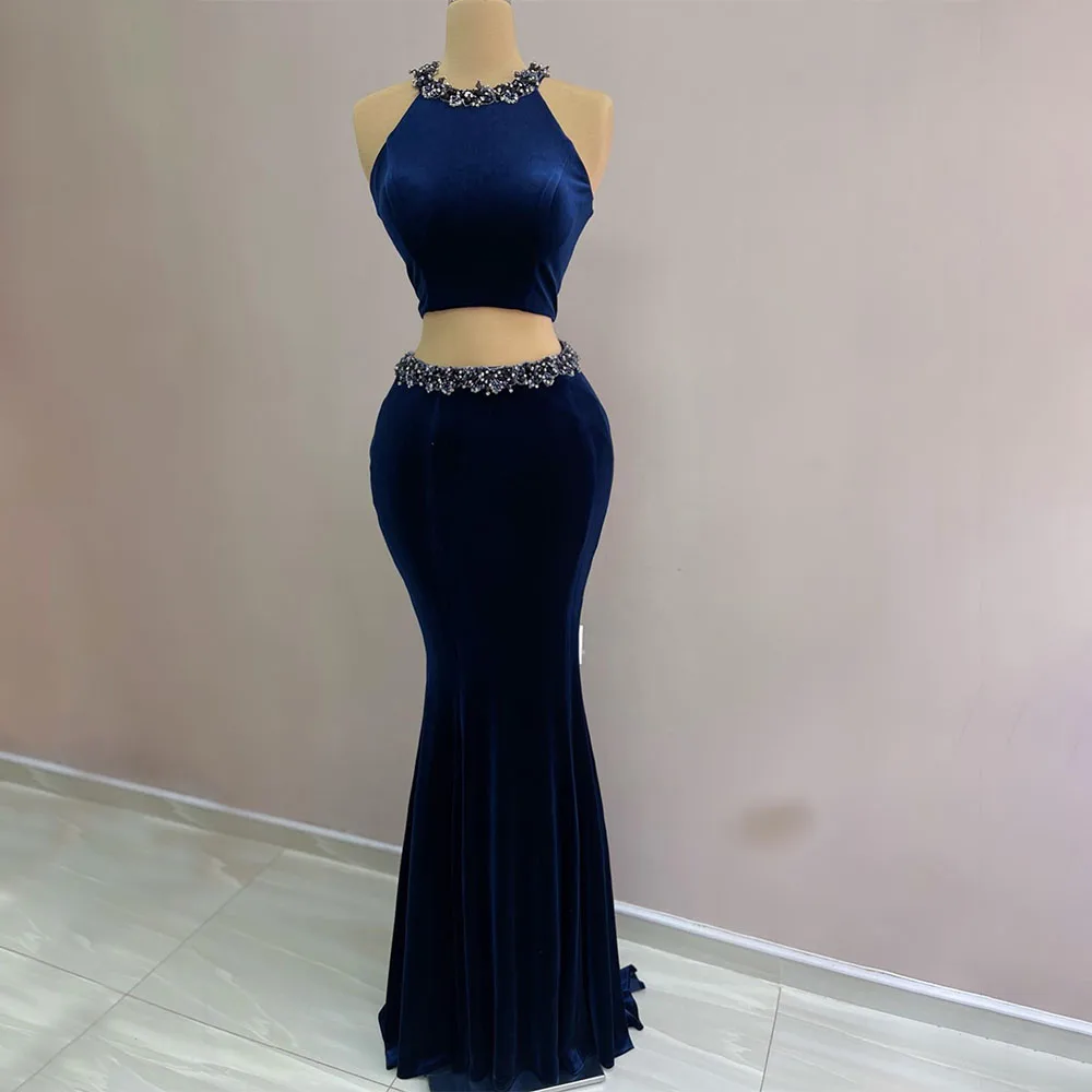 

Velvet Evening Dress Royal Blue Crystal O Neck Crop Top Evening Gowns 2 Pieces 2024 Mermaid Sexy Women's Prom Party Dresses Long