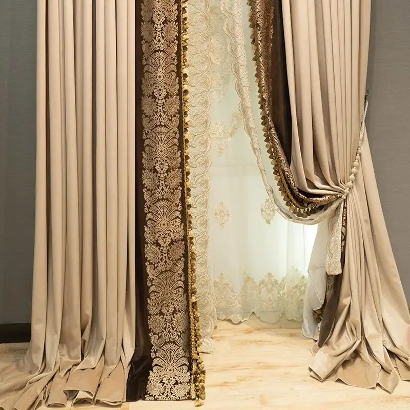 Custom  Size！！ American High End Retro Embroidered Blackout Velvet Patchwork Curtains for Living Dining Room Bedroom Villa Decor
