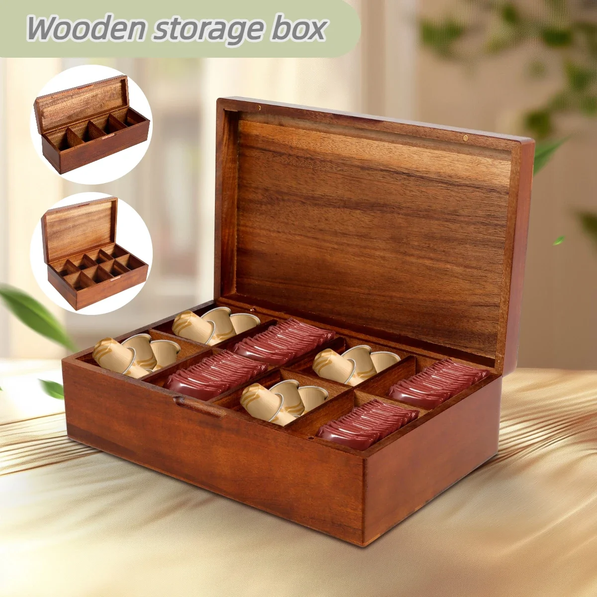 Wooden tea bag storage box Tea bag storage box 4/8 compartments Multi functional bagged beverage home decoration storage box