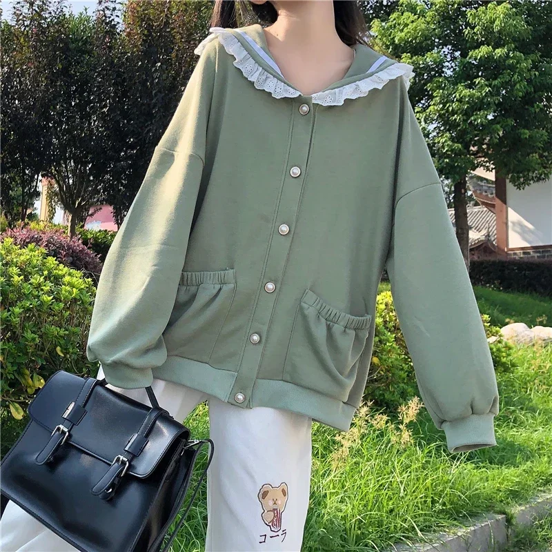 Autumn Sweet Women Hoodies Loose Hooded Sailor Collar Cute Lace Patchwork Female Zip Up Hoodies 2023 NEW