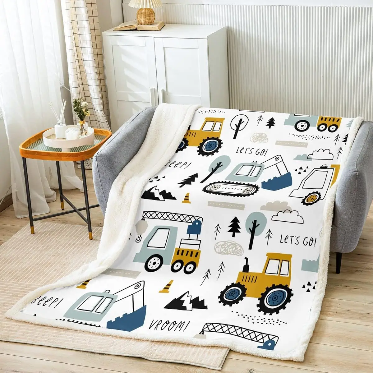 

Cartoon Car Kids Fleece Throw Blanket Construction Sherpa Decor Trucks Plush Cartoon Excavator Tractor White Yellow Fuzzy Bedroo