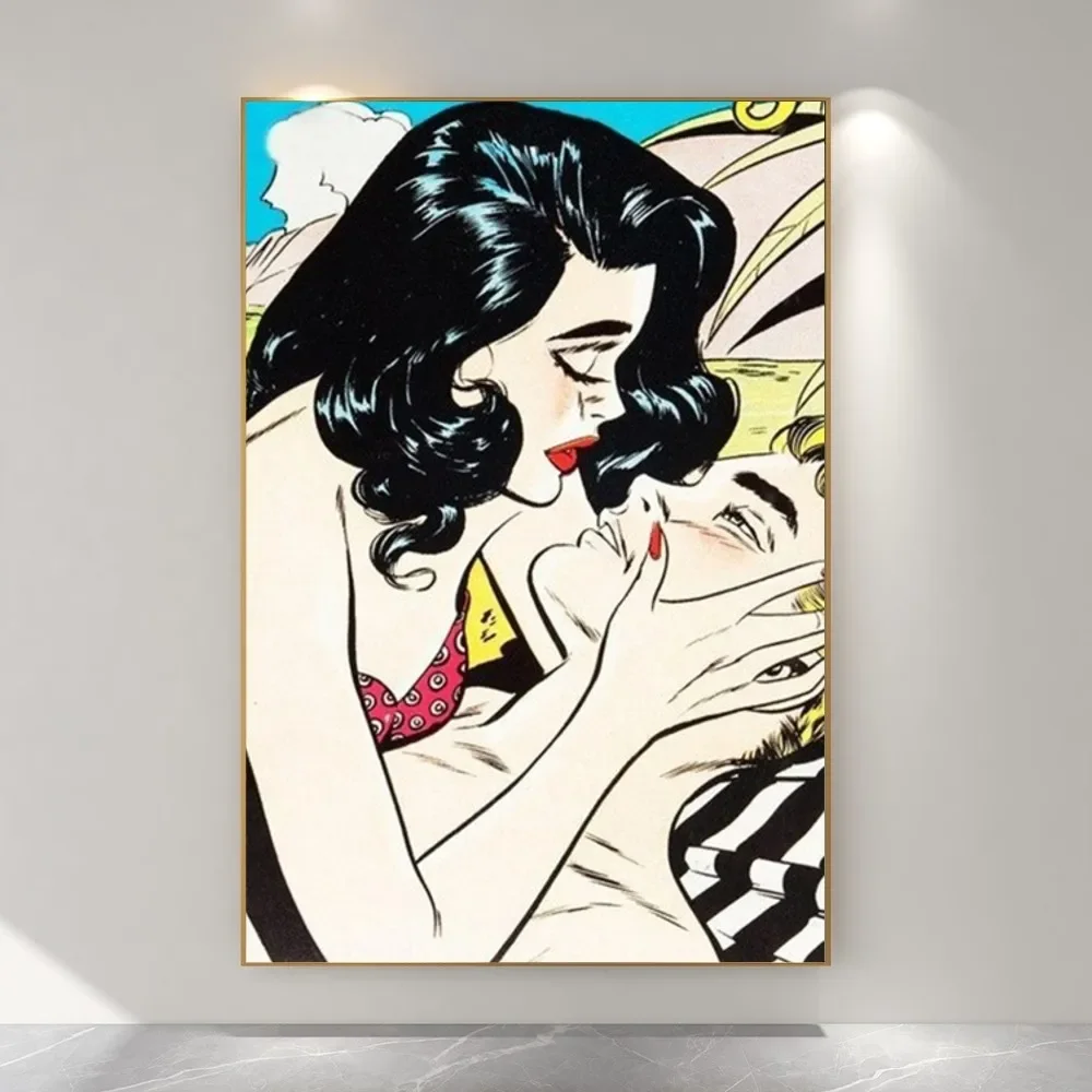 Abstract Pop Roy Lichtenstein Couple Kissing Poster Paper Print Home Entrance Bar Restaurant Cafe Art Painting Decoration