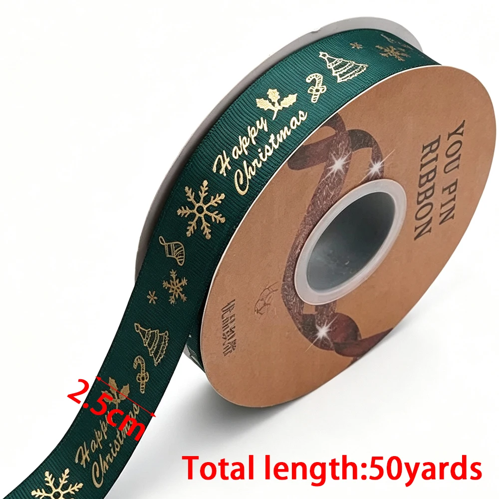 50 Yards 25mm Weihnachtsband, goldbedrucktes Polyesterband für Hochzeits- und Weihnachtsdekoration, Geschenkverpackungsband, Großhandel – Detail 1