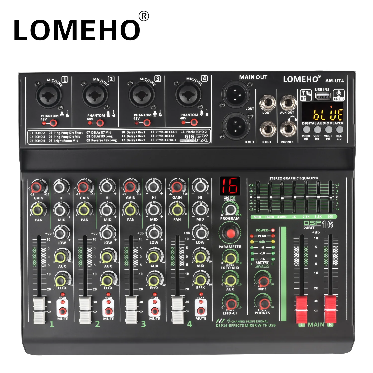 

LOMEHO Mixing Console Channel Mute Audio Mixer 7 Band EQ 16 Effect 70mm Volume Fader Sound Table with USB PC Interface AM-UT4