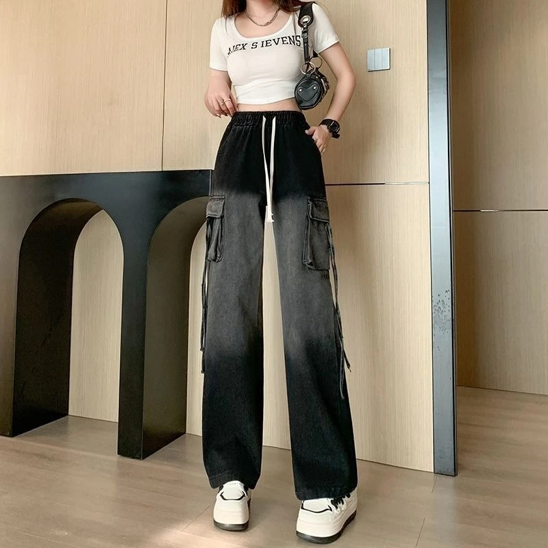 Women's Wide Leg Cargo Jeans 2026 Spring New Drawstring Elastic Waist Gradient Denim Pants Loose Straight Trousers Streetwear