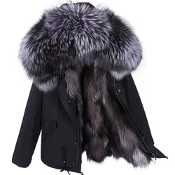 MMK 2023 Real Fur Coat Women Winter Jacket Real Natural Silver Fox Fur Collar Parkas Fox Fur Lining Cold Coat Female Clothing