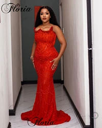 African Red Beaded Celebrity Dresses Plus Size Sleeveless Evening Gowns For Women Vestidos Largos Wedding Party Dresses Custom