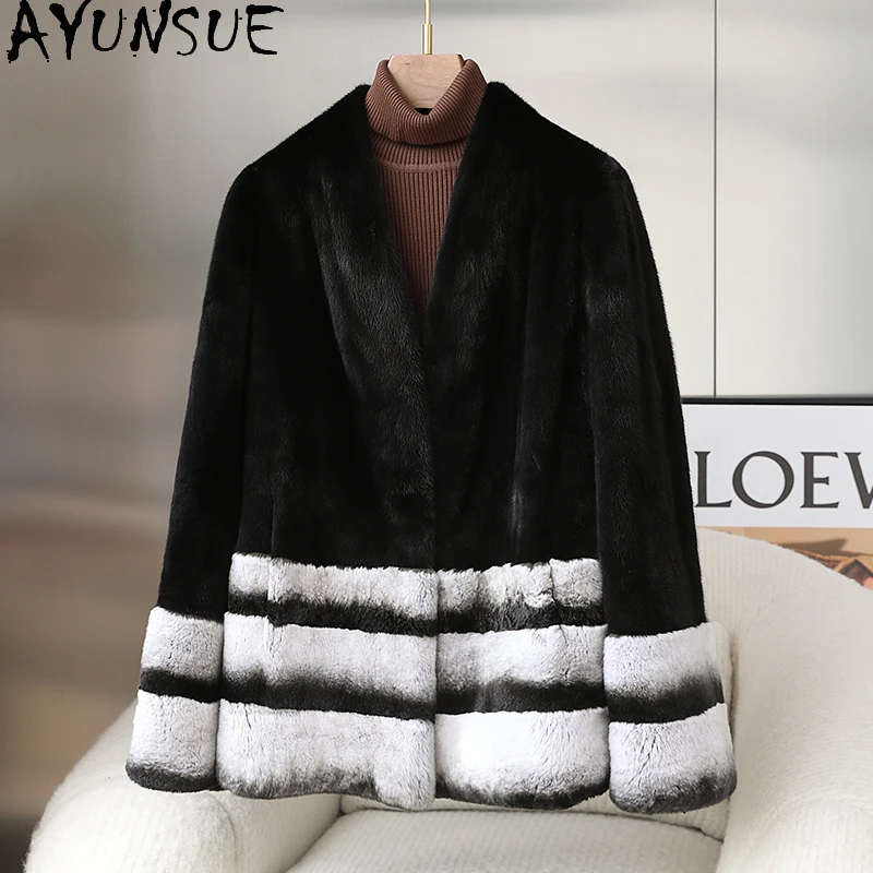 AYUNSUE 天然ミンクリアルファーコート レディース服 暖かいミンクコート レディース 冬用ジャケット 2025 レックスラビットファー Шуба Женская