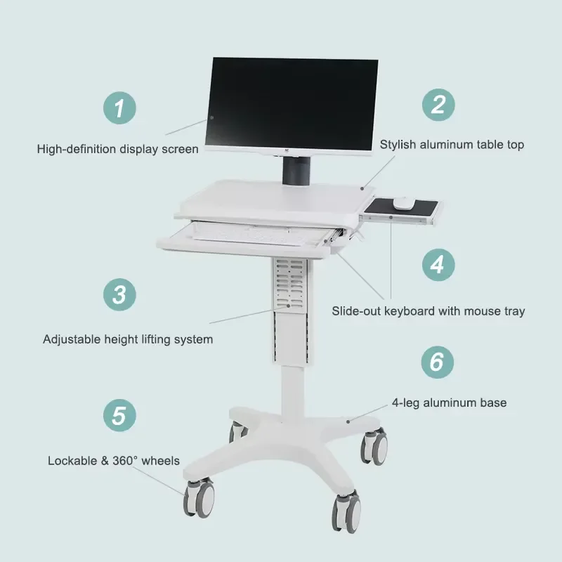 AP03 Hospital Medical Mobile Workstation PC Computer Cart With Rechargeable Battery Height Adjustable Medical