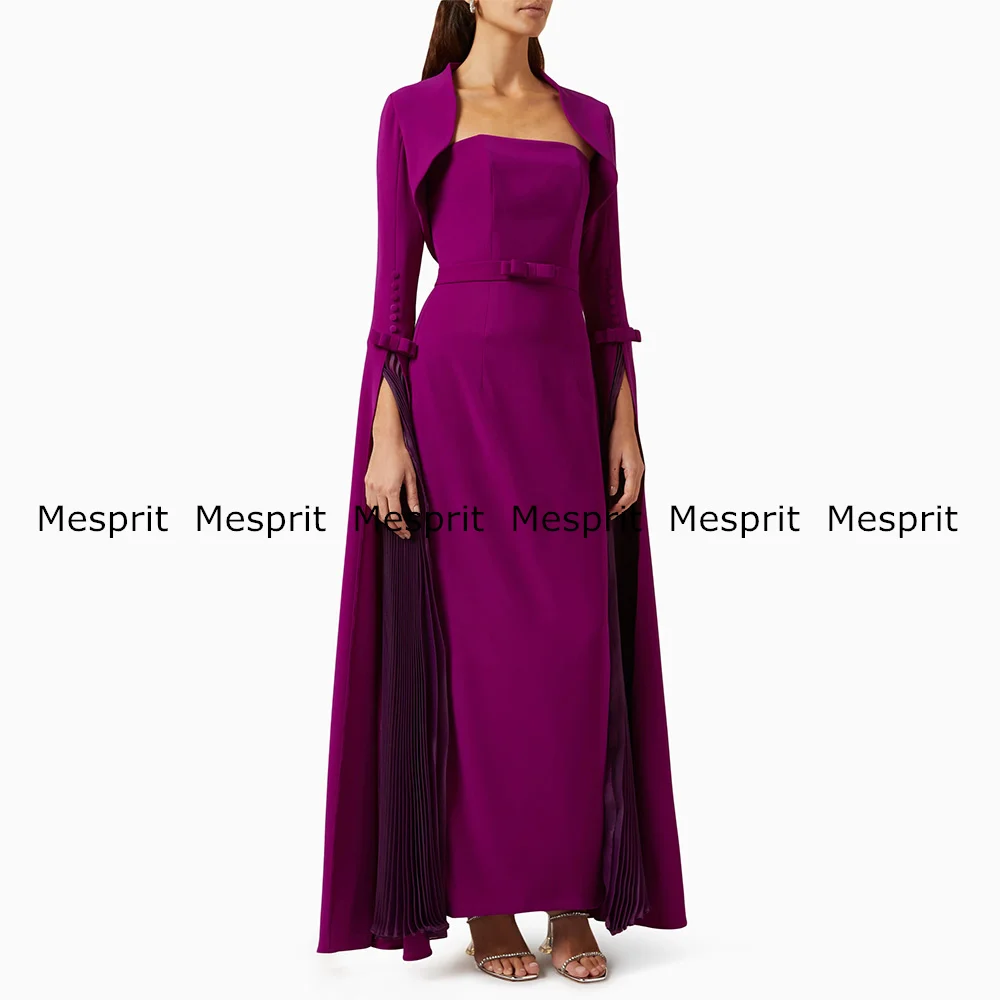 Purple Mermaid Evening Dress Long Sleeves Cape Strapless Bow Buttons Maxi Dresses Ankle Length Prom Gown Dubai Party Dresses