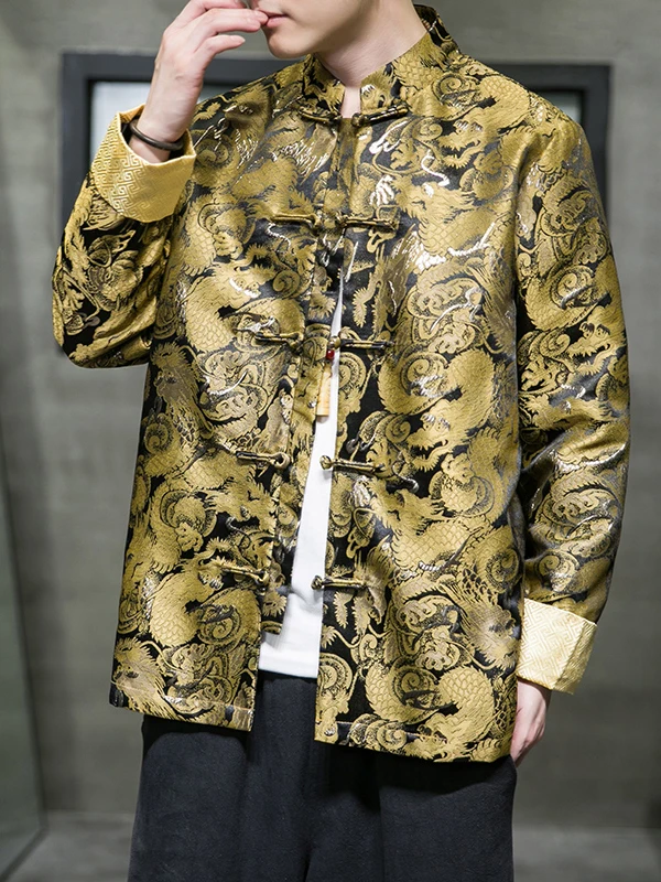 

Men's Autumn Winter New Sle Feng Long Pao Embroidered Improved Tang Suit Jaet Collar Vintage Button Outerwear Coat