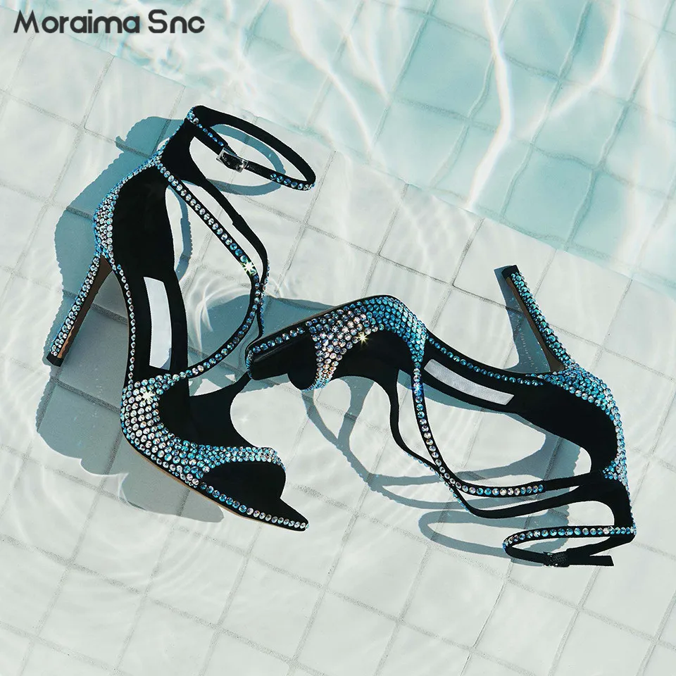 Rhinestone Cross Word Buckle Sandals Summer New Style Open Toe Stiletto Fish Mouth Square Head Temperament Women's Shoes