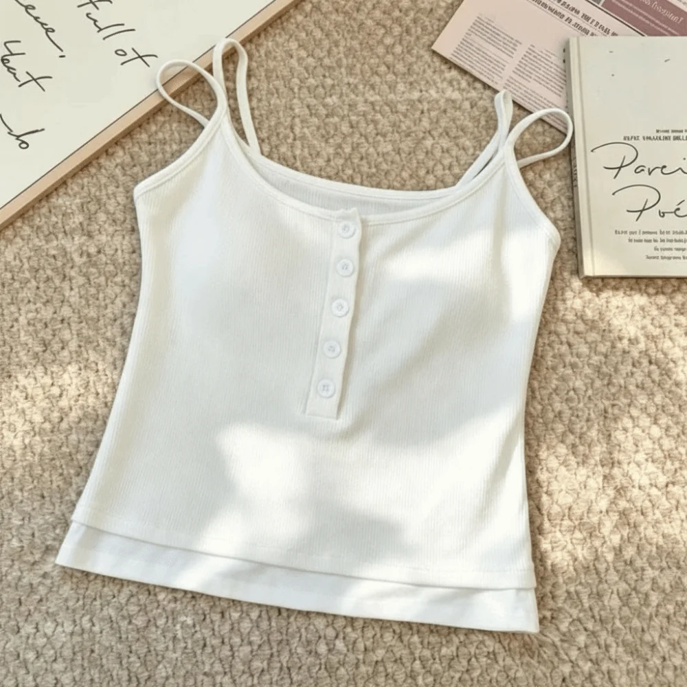 Color Blocking Crop Top Slim Fit Square Neck Sling Vest Top Sleeveless Button Underwear Fake Two-pieces Camisole Women
